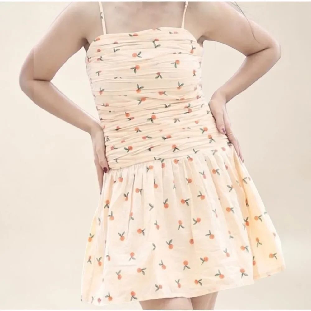 Japna Orange Fruit Print Smocked Ruched Mini Dress XL